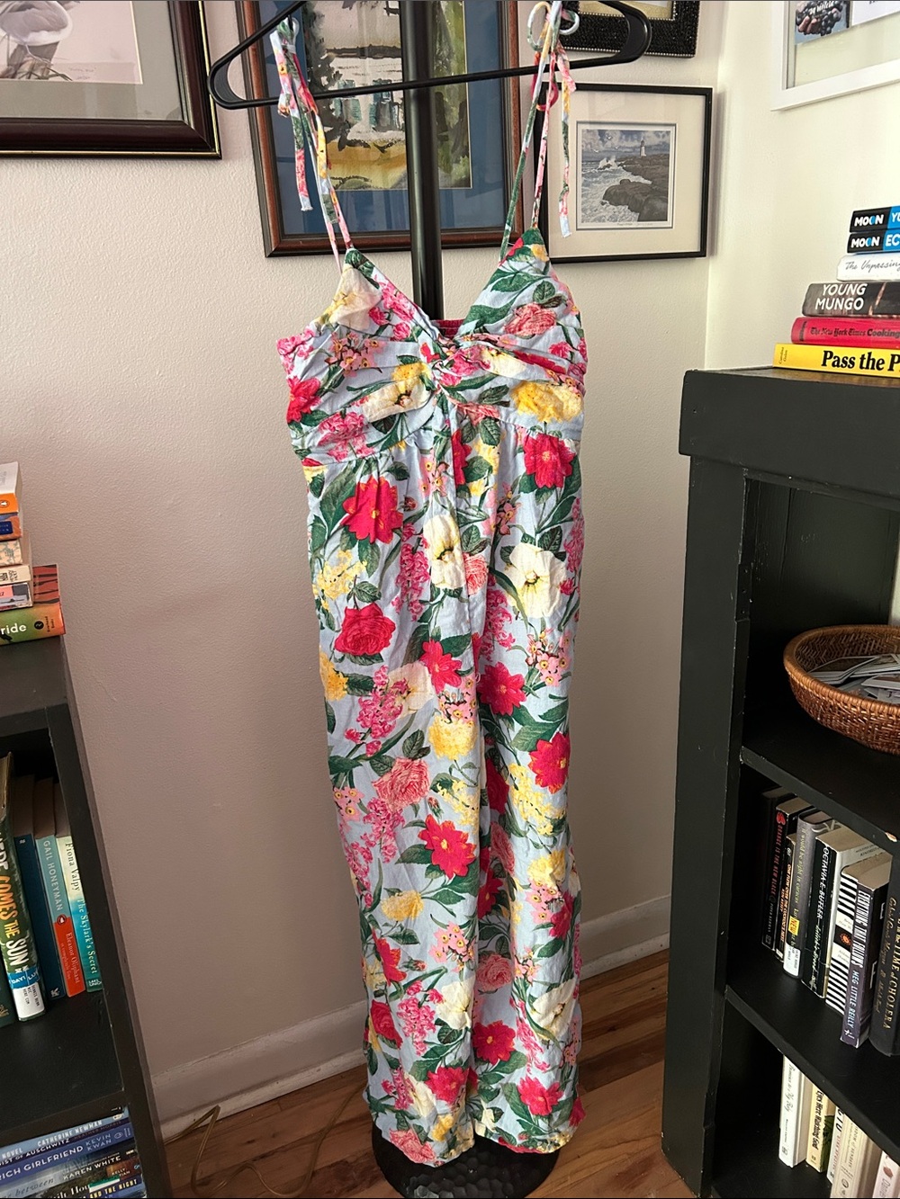 Floral Spaghetti Strap Ankle length jumper. Multicolor with seam pockets.